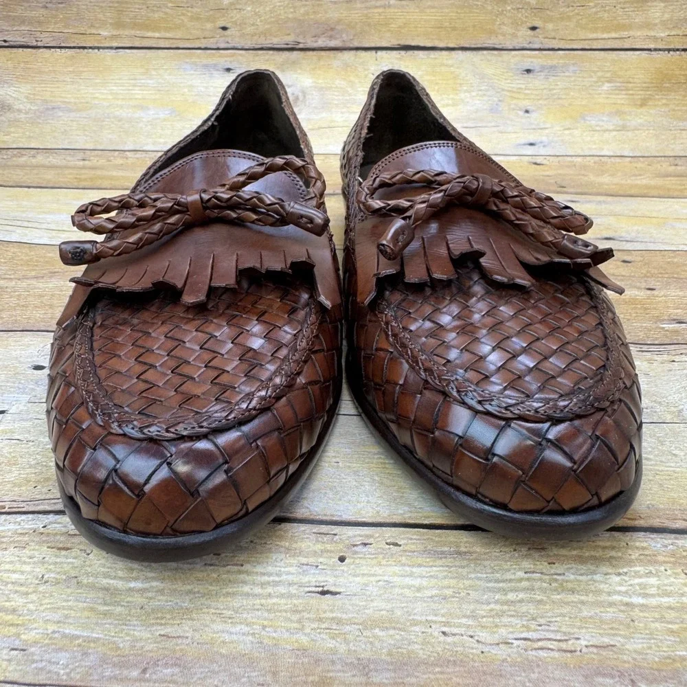 Vintage Bragano Cole Haan Men 10 Woven Leather Kiltie Tassel Loafer Brown Italy